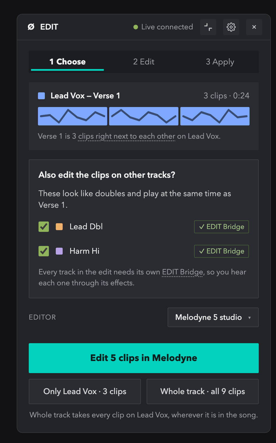 The redesigned EDIT panel: Lead Vox, Verse 1 with three clips, two doubles ticked, and the button Edit 5 clips in Melodyne.