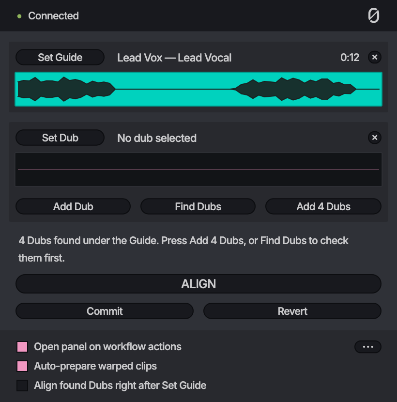 The ALIGN panel after Set Guide, offering the 4 Dubs it found under the Guide.
