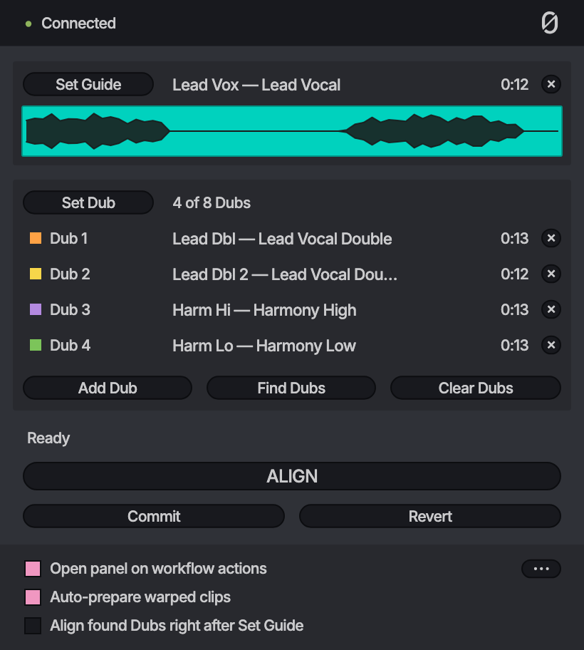 The ALIGN panel with a Guide and four Dubs, each in its clip's colour, reading 4 of 8 Dubs.