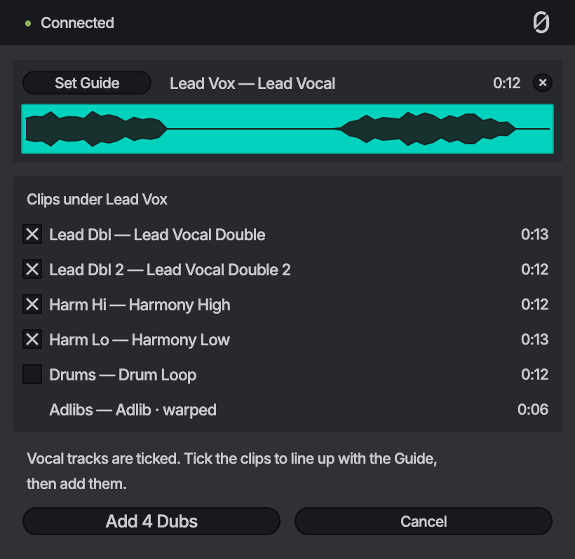 The ALIGN panel listing the clips under the Guide, with the four vocal clips ticked, a drum loop unticked and a warped clip left out.