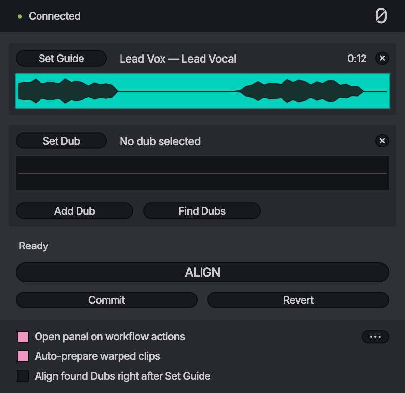 The ALIGN panel with the Guide set: its name, length and waveform.