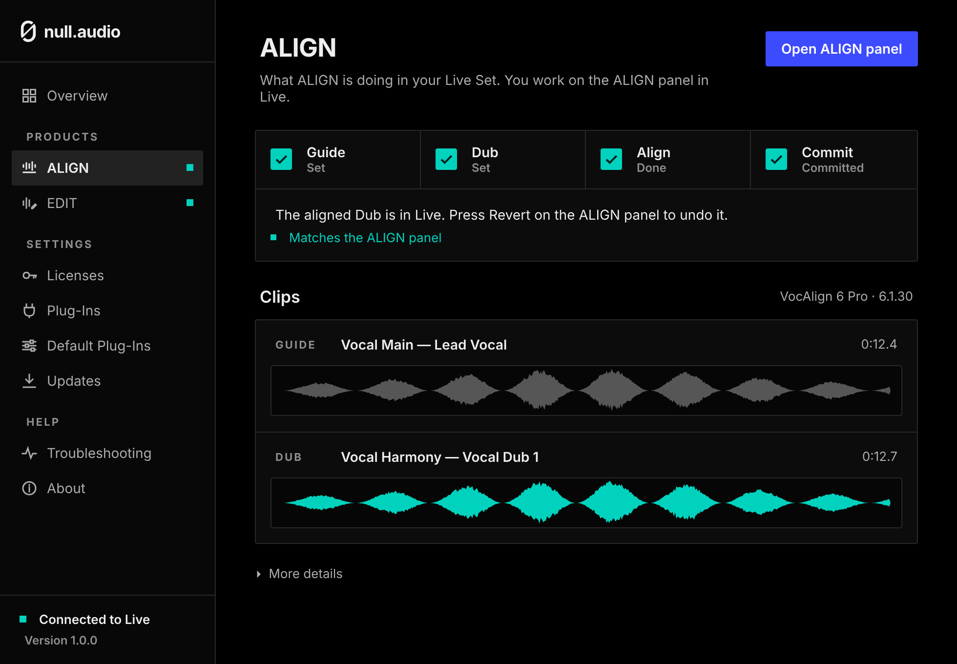 The ALIGN page in null.audio after a Commit.