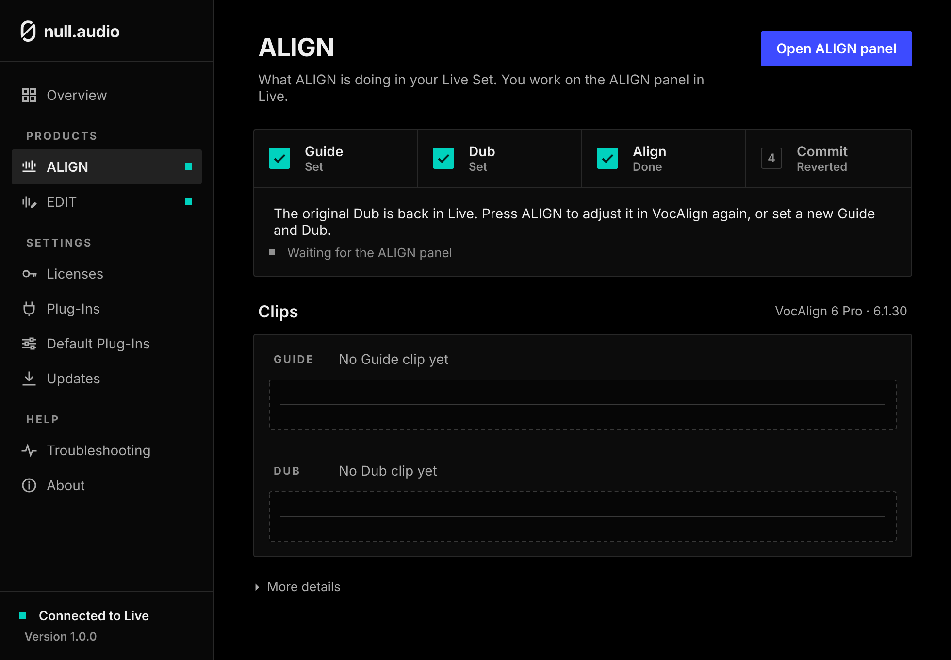 The ALIGN page after a Revert: the original Dub is back in Live.