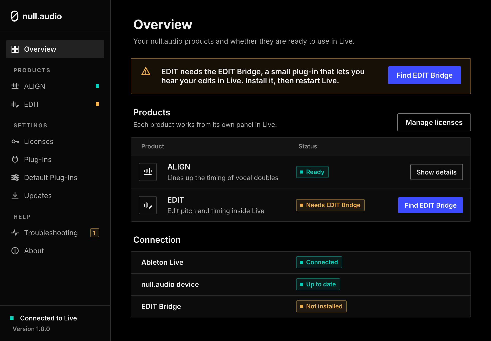 The Overview page: EDIT needs the EDIT Bridge.