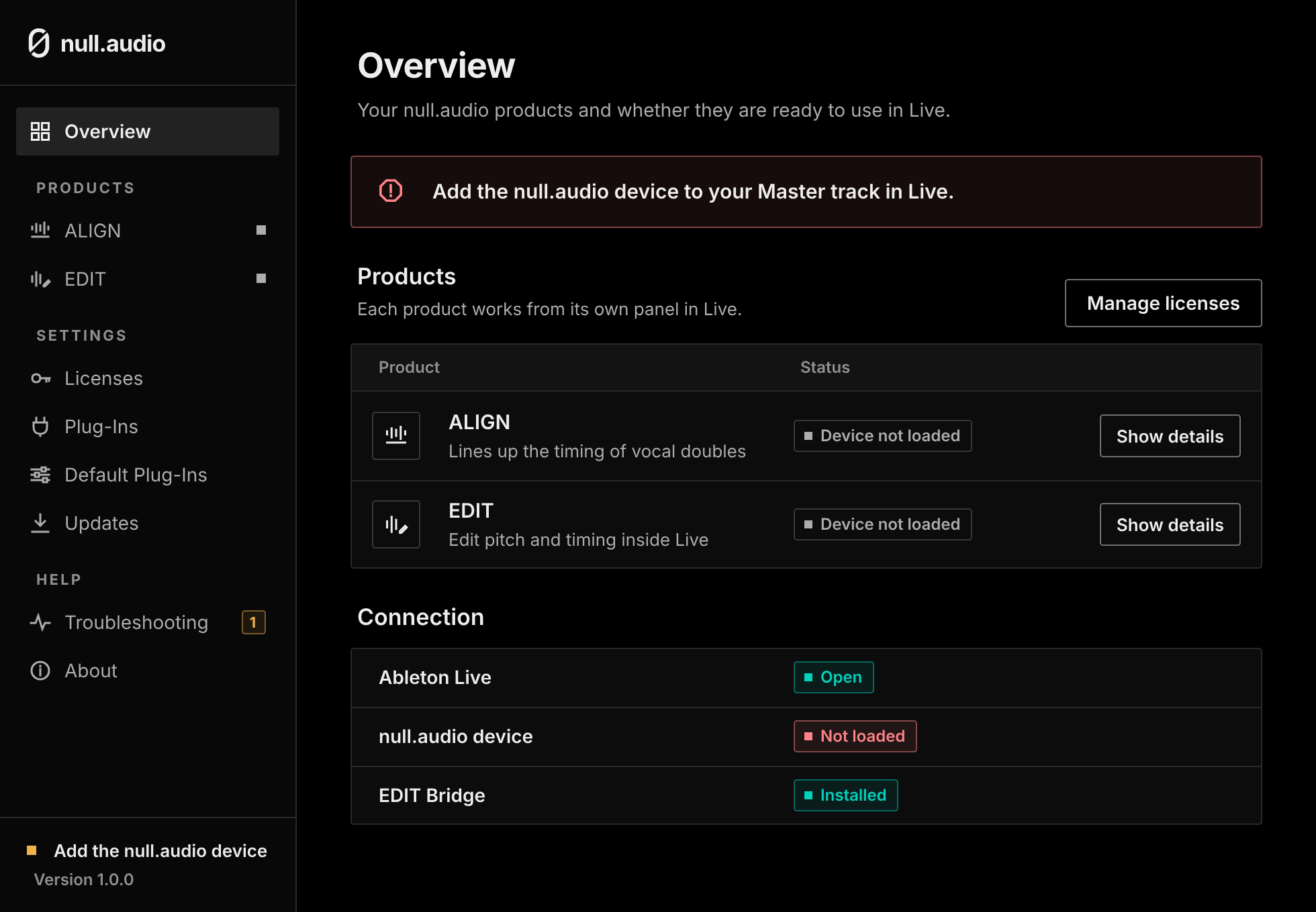 The Overview page in null.audio asking to add the null.audio device.