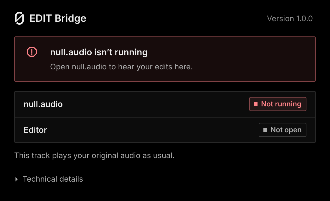 The EDIT Bridge window: null.audio isn't running.