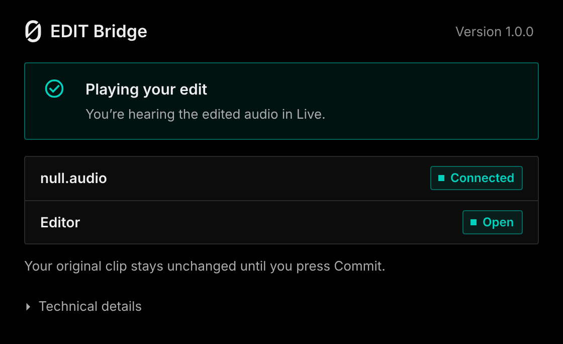 The EDIT Bridge window: Playing your edit. You're hearing the edited audio in Live.