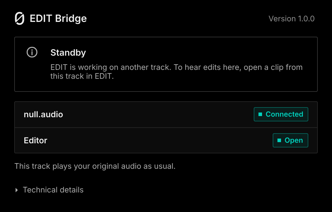 The EDIT Bridge window: Standby.