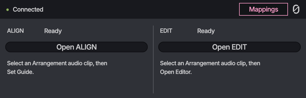 The null.audio device in Live, reading Connected, with Open ALIGN and Open EDIT.