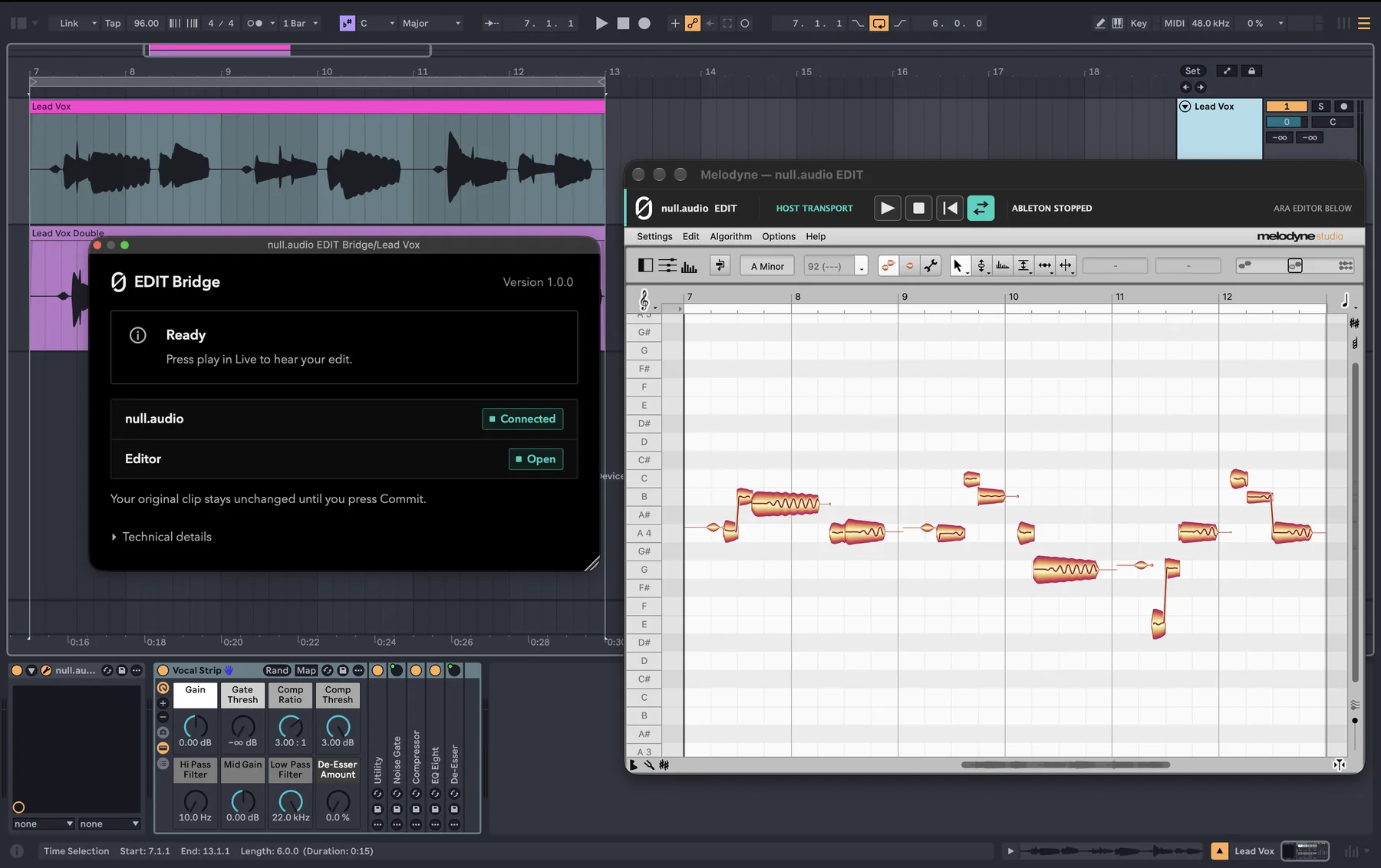 Ableton Live with a Lead Vox clip open in Melodyne through null.audio EDIT. The EDIT Bridge window reads Ready, and the vocal chain sits on the track below.