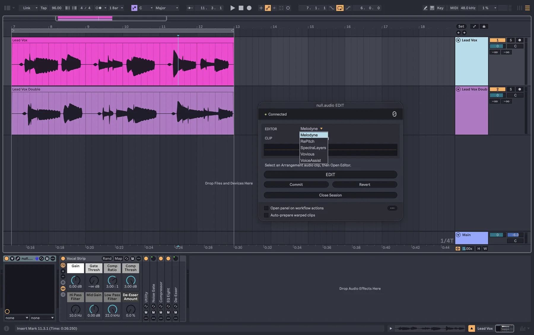 The EDIT panel with its EDITOR menu open: Melodyne, RePitch, SpectraLayers, Vovious and VoiceAssist.