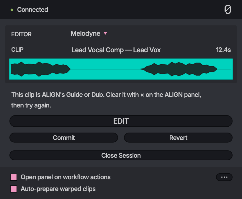 The EDIT panel: This clip is ALIGN's Guide or Dub. Clear it with × on the ALIGN panel, then try again.