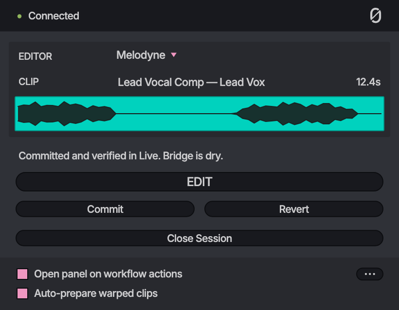 The EDIT panel after a Commit: Committed and verified in Live.