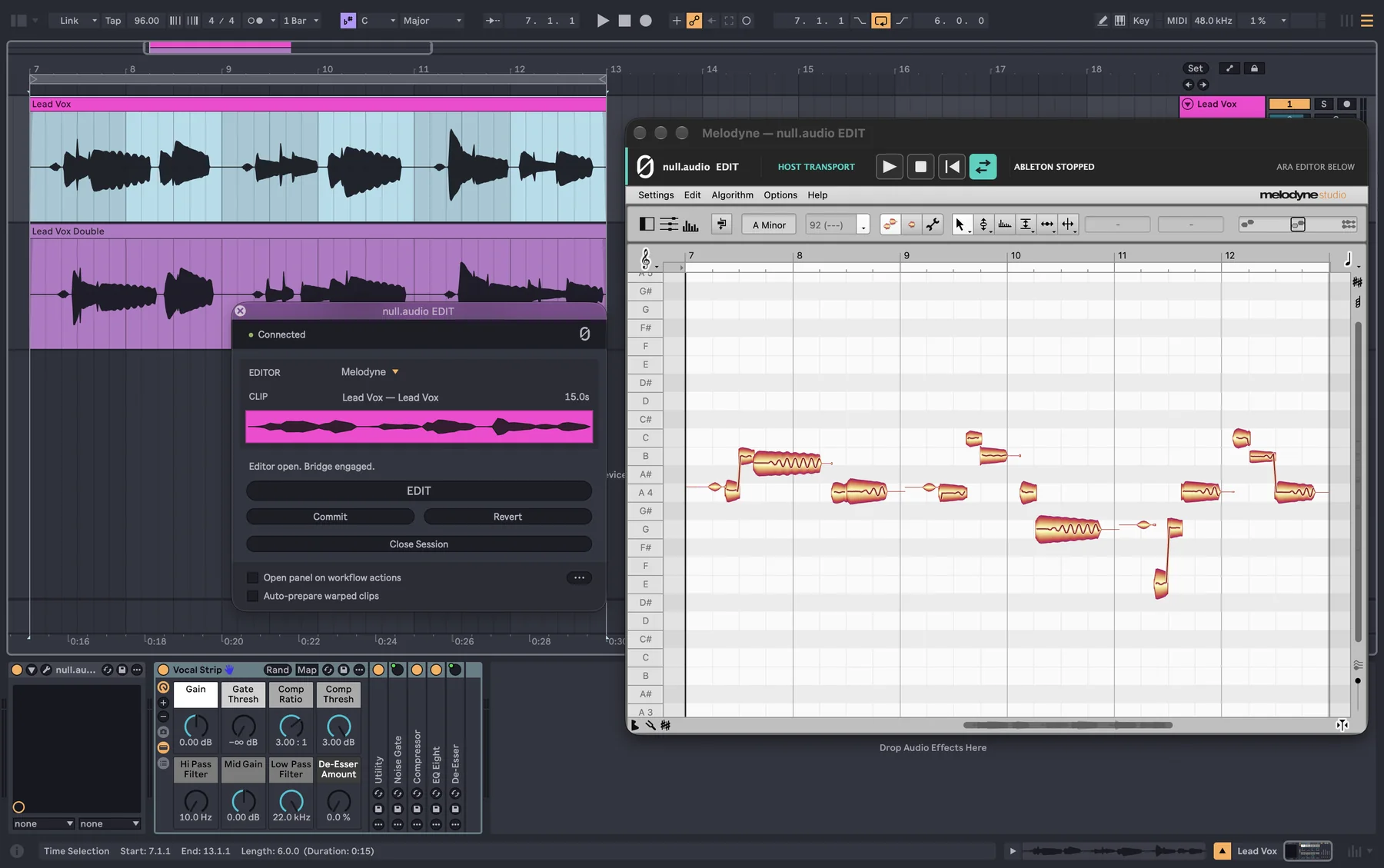 The EDIT panel beside Melodyne, with the clip open: Editor open. Bridge engaged.