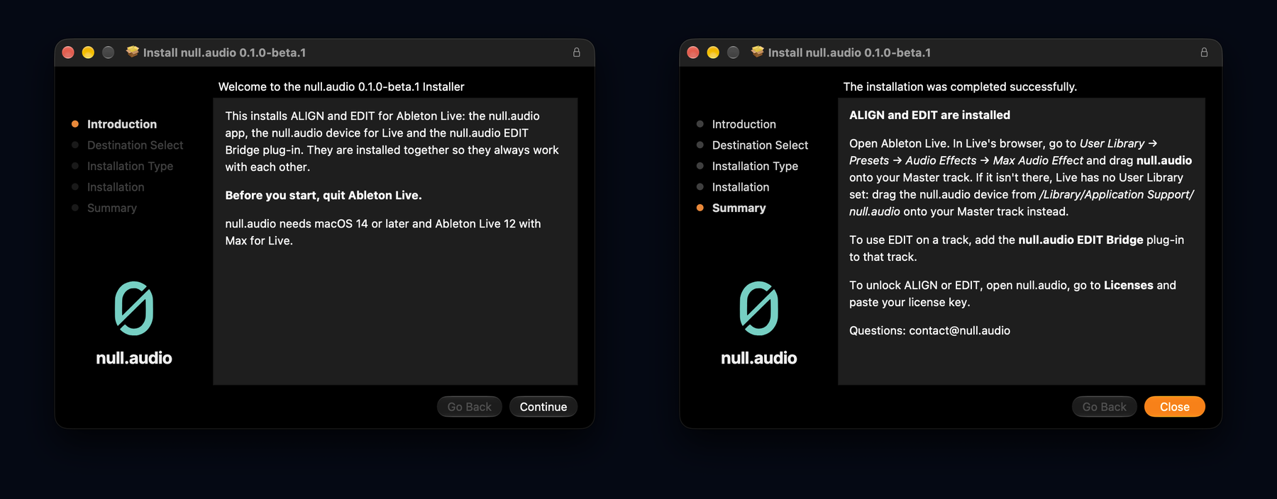 The macOS installer: its welcome page, which says what it installs and asks you to quit Ableton Live first, and its last page, "ALIGN and EDIT are installed".