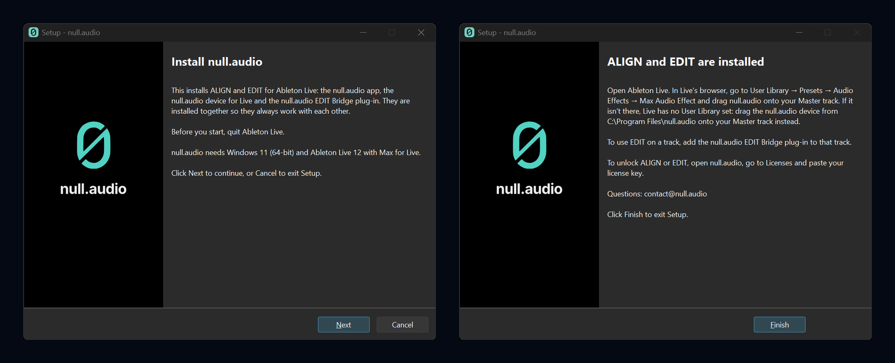 The Windows installer: its first page, which says what it installs and asks you to quit Ableton Live first, and its last page, "ALIGN and EDIT are installed".