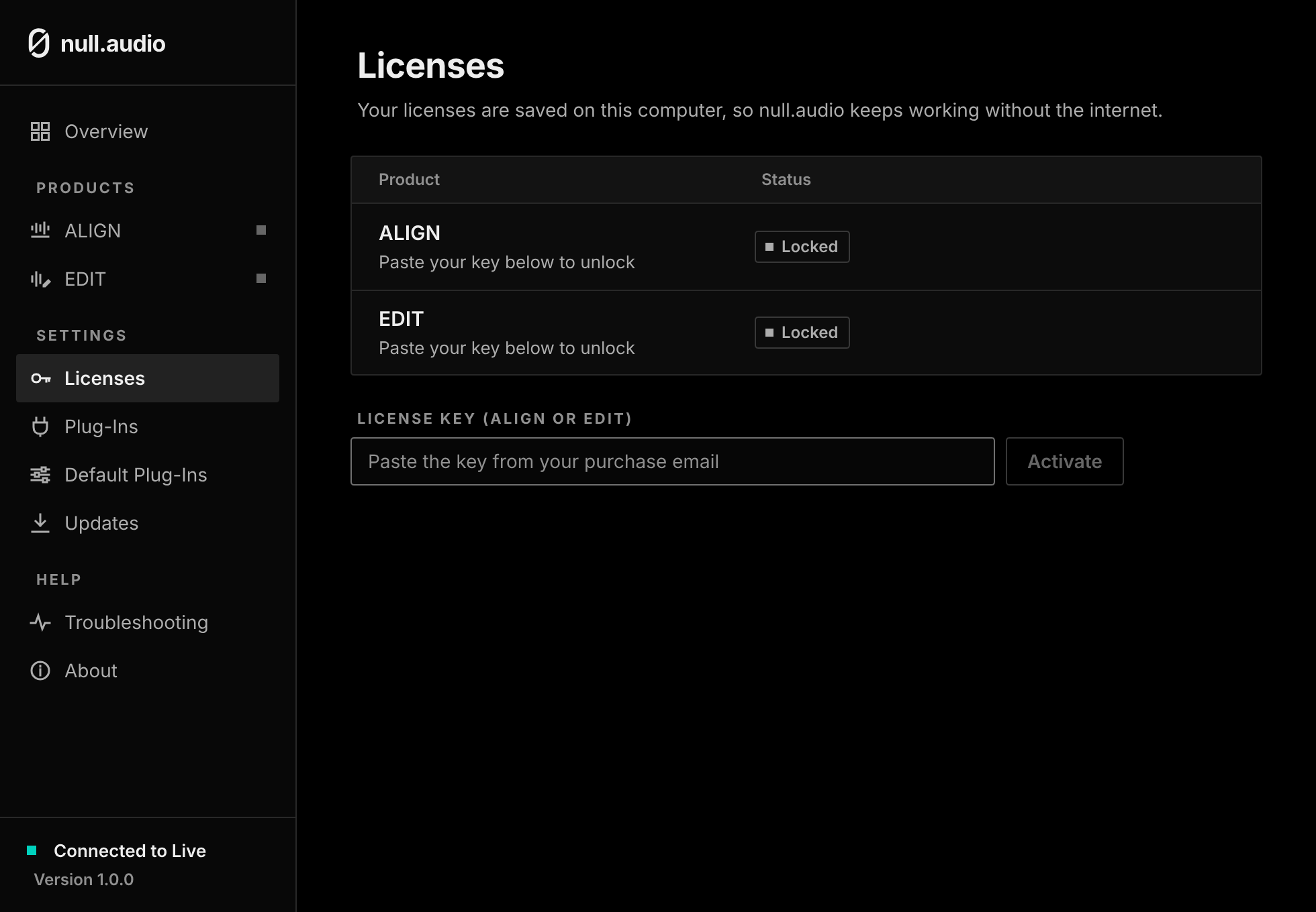 The Licenses page in null.audio with both products locked and a field for the license key.