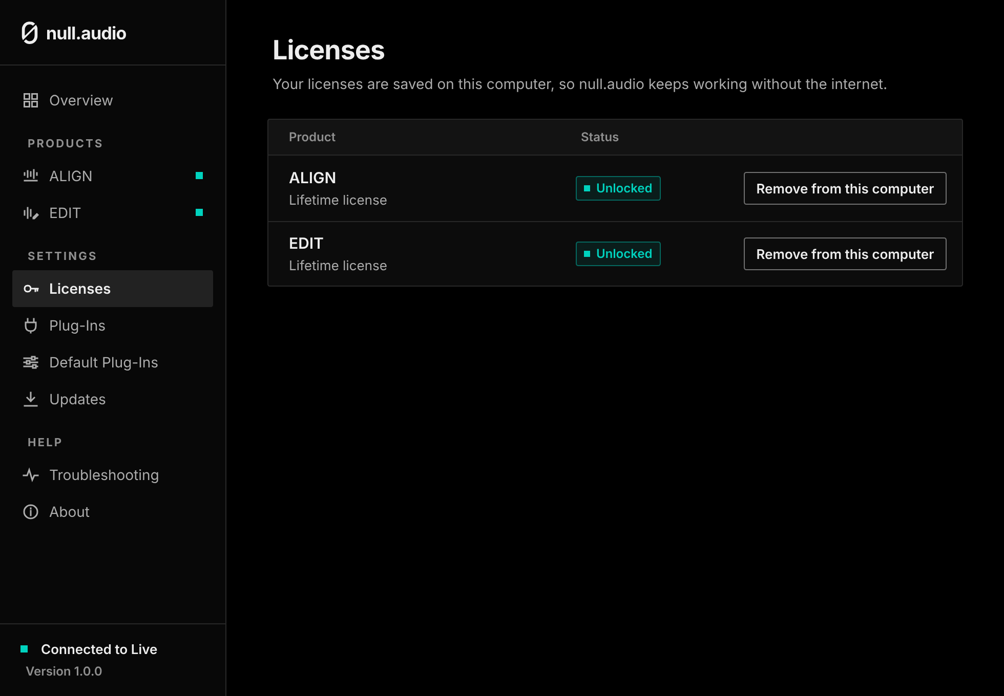 The Licenses page with ALIGN and EDIT unlocked.