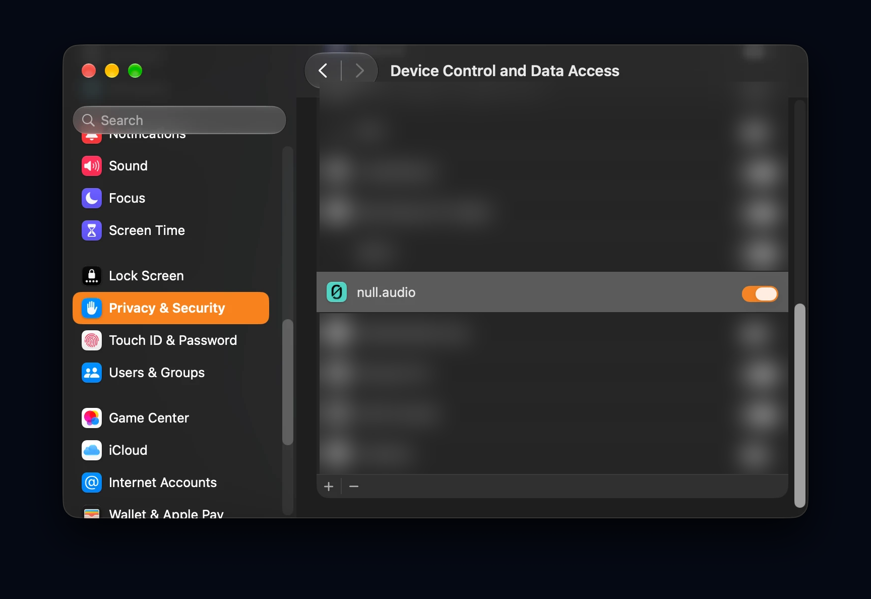 macOS System Settings, Privacy & Security, Device Control and Data Access, with null.audio switched on.