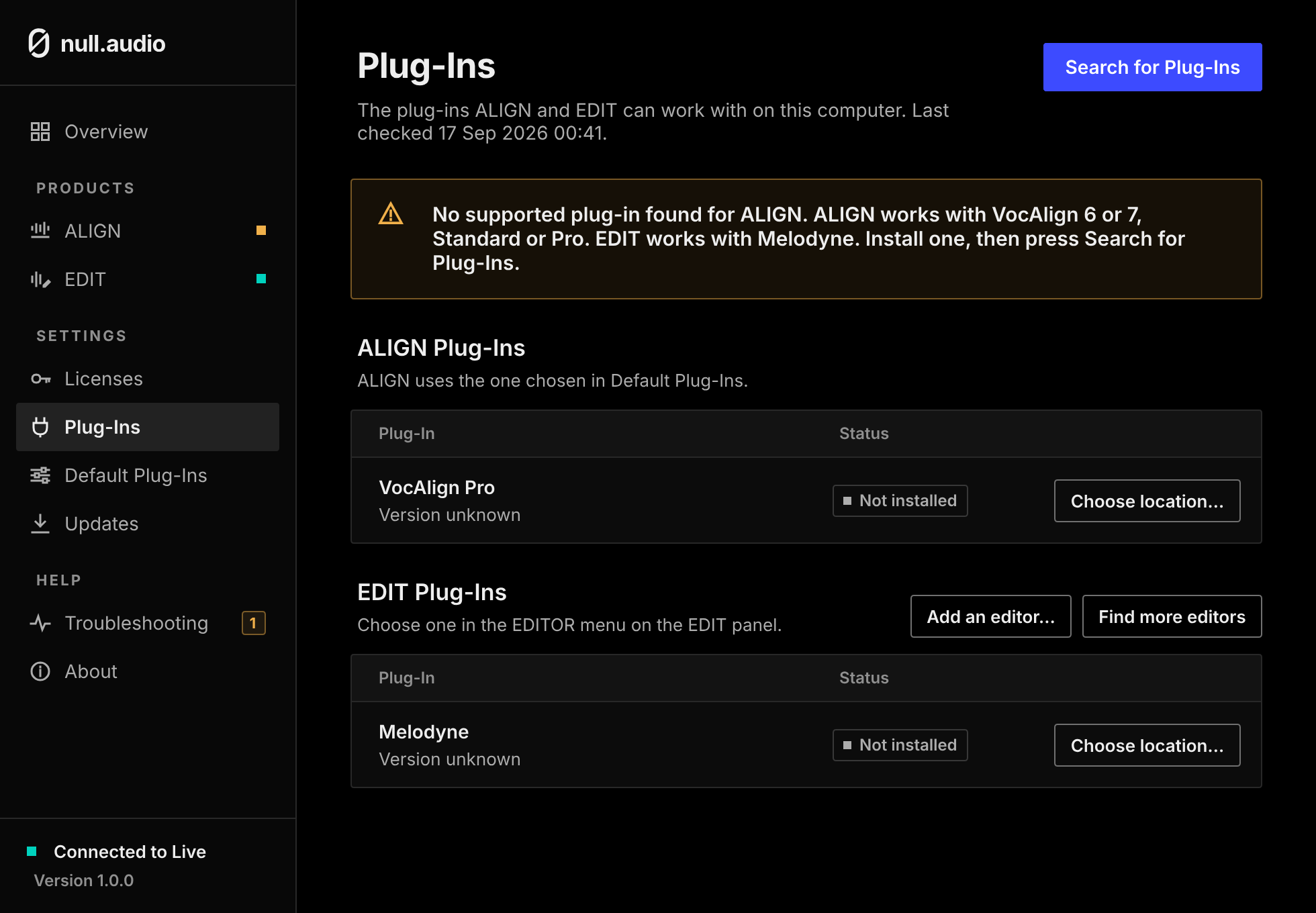 The Plug-Ins page: No supported plug-in found for ALIGN.