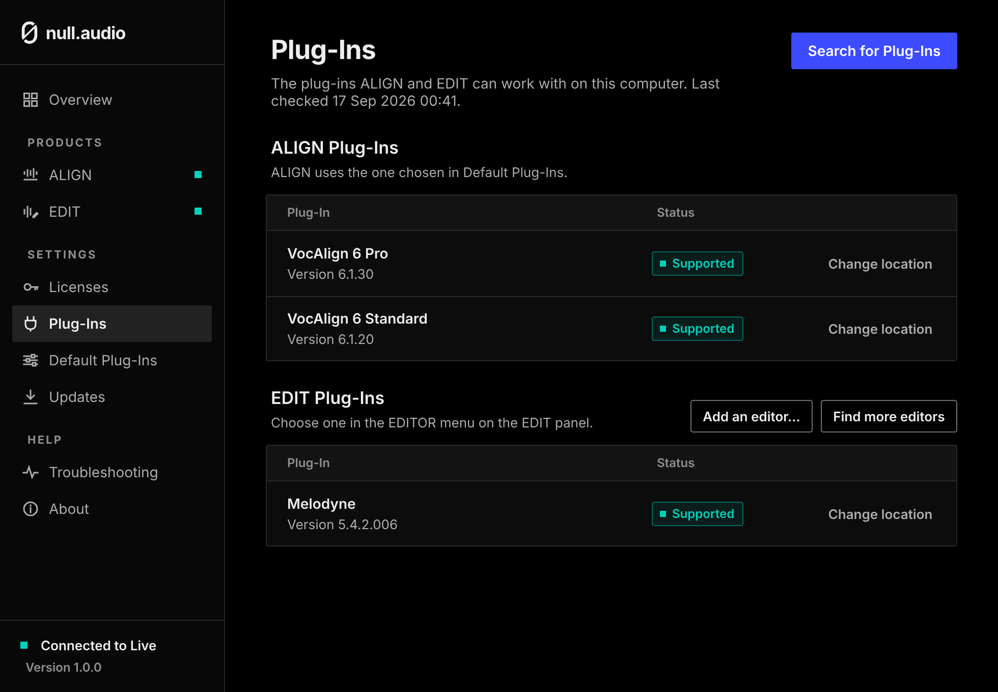 The Plug-Ins page listing VocAlign 6 Pro, VocAlign 6 Standard and Melodyne as supported.
