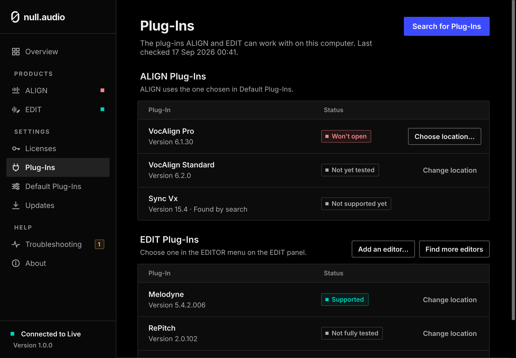 The Plug-Ins page with a plug-in that won't open and a Choose location button.