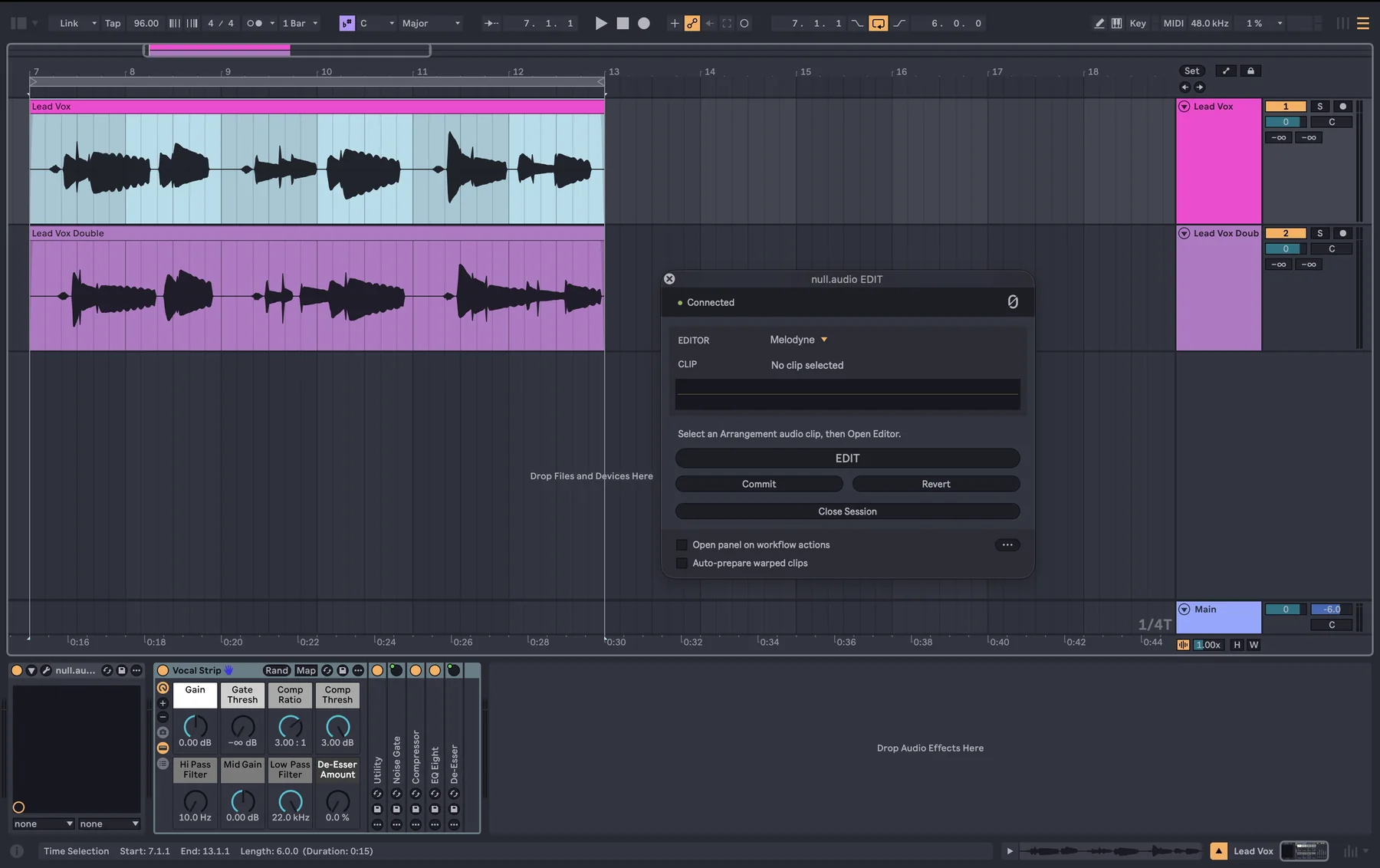 Live's Arrangement View with the Lead Vox clip selected and the EDIT panel open beside it before EDIT is pressed. Below, the EDIT Bridge sits first on the track, ahead of the vocal chain.