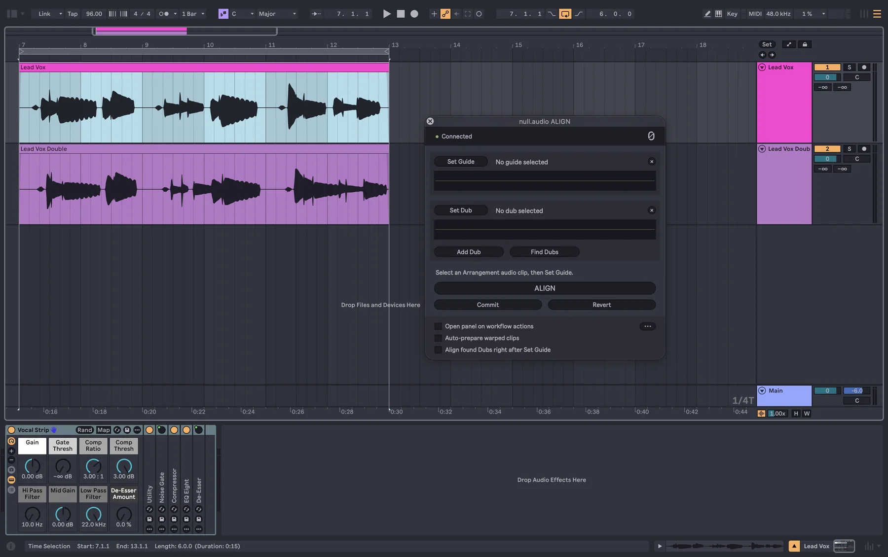 Live's Arrangement View with the Lead Vox and Lead Vox Double tracks, the lead clip selected, and the ALIGN panel open beside it before Set Guide is pressed.