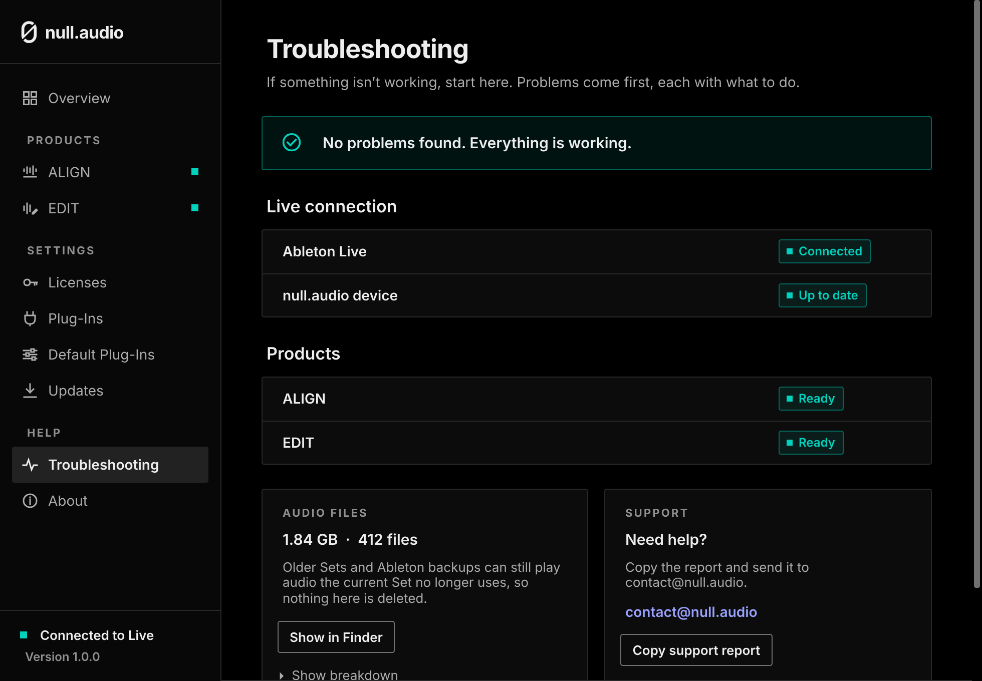 The Troubleshooting page: No problems found. Everything is working.