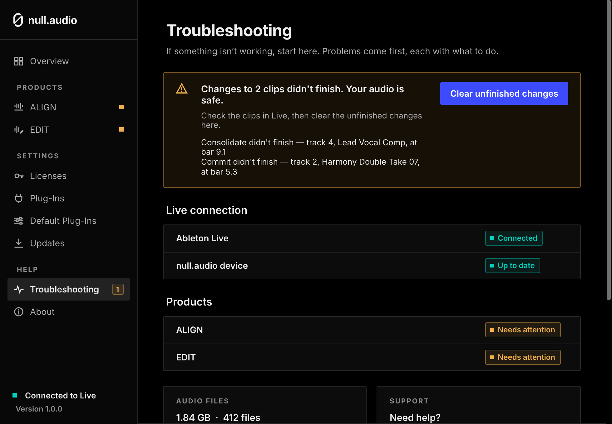 The Troubleshooting page listing two changes that didn't finish.