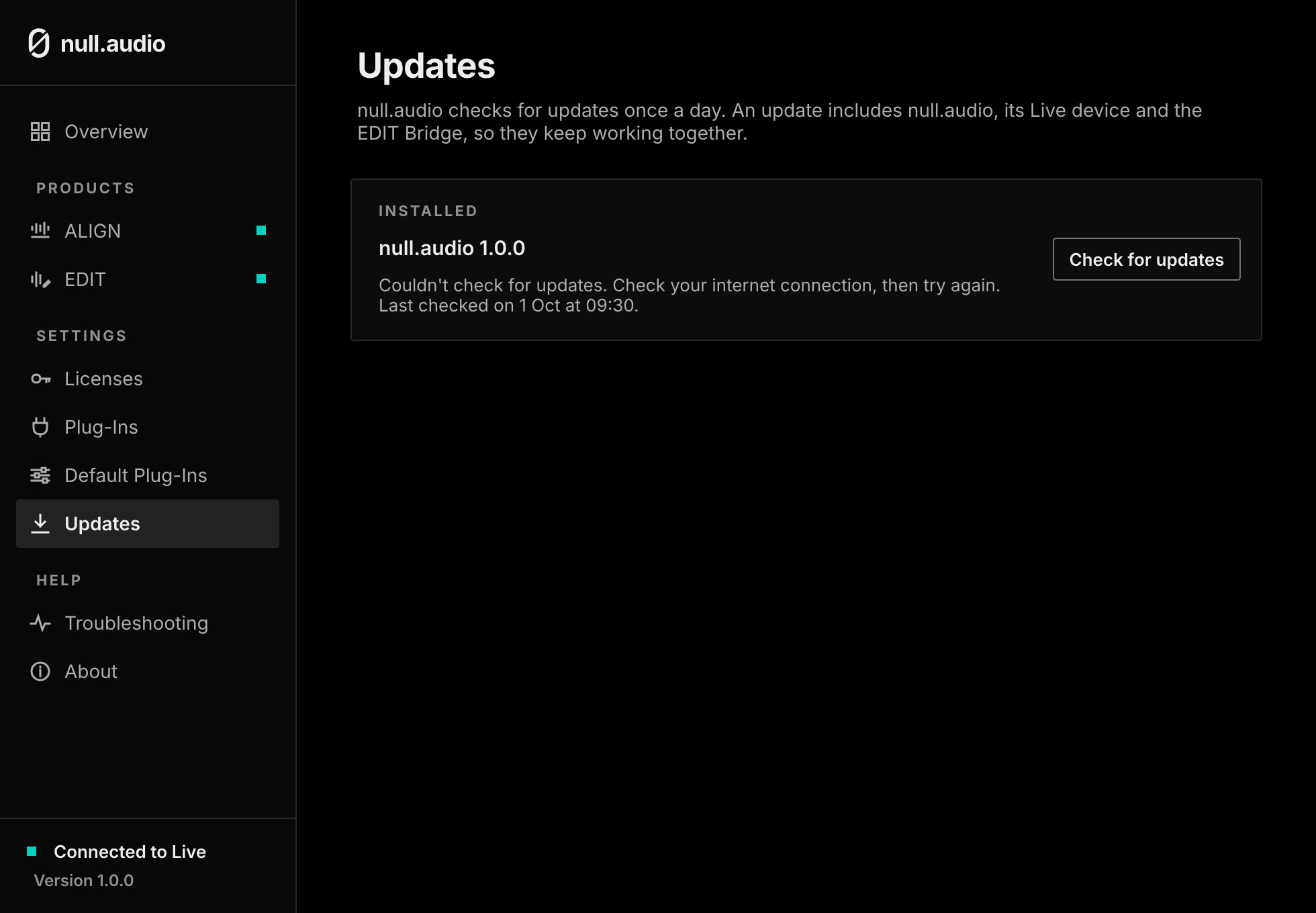 The Updates page: Couldn't check for updates.