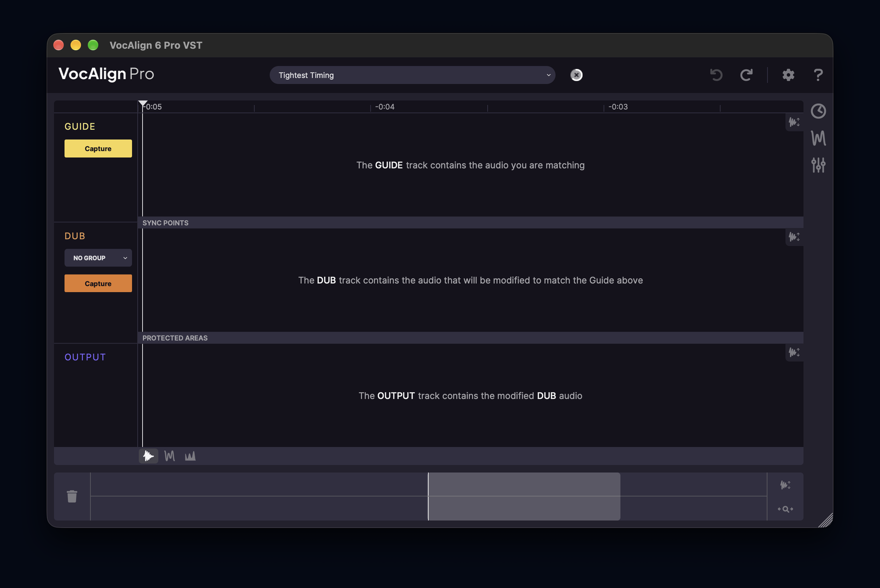 VocAlign with empty Guide and Dub lanes, and its Capture buttons for each.