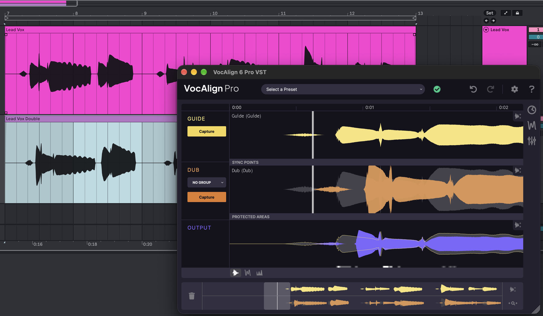 VocAlign open on the Dub straight after pressing ALIGN, with the Guide, Dub and Output lanes filled.