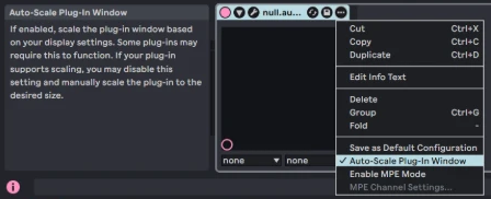 Live on Windows: the right-click menu on the EDIT Bridge title bar, with "Auto-Scale Plug-In Window" ticked.
