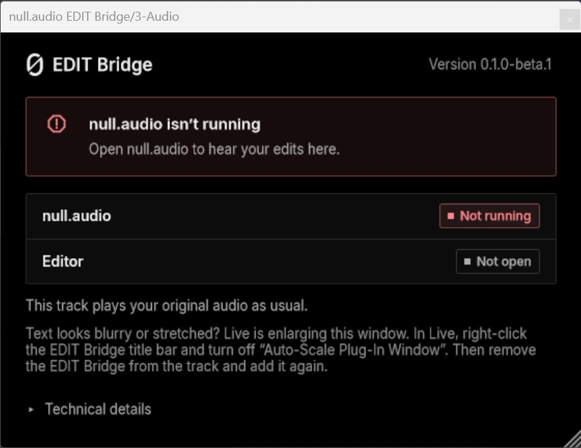 The EDIT Bridge window on Windows while Live enlarges it: the text is soft, and the window says to turn off "Auto-Scale Plug-In Window".