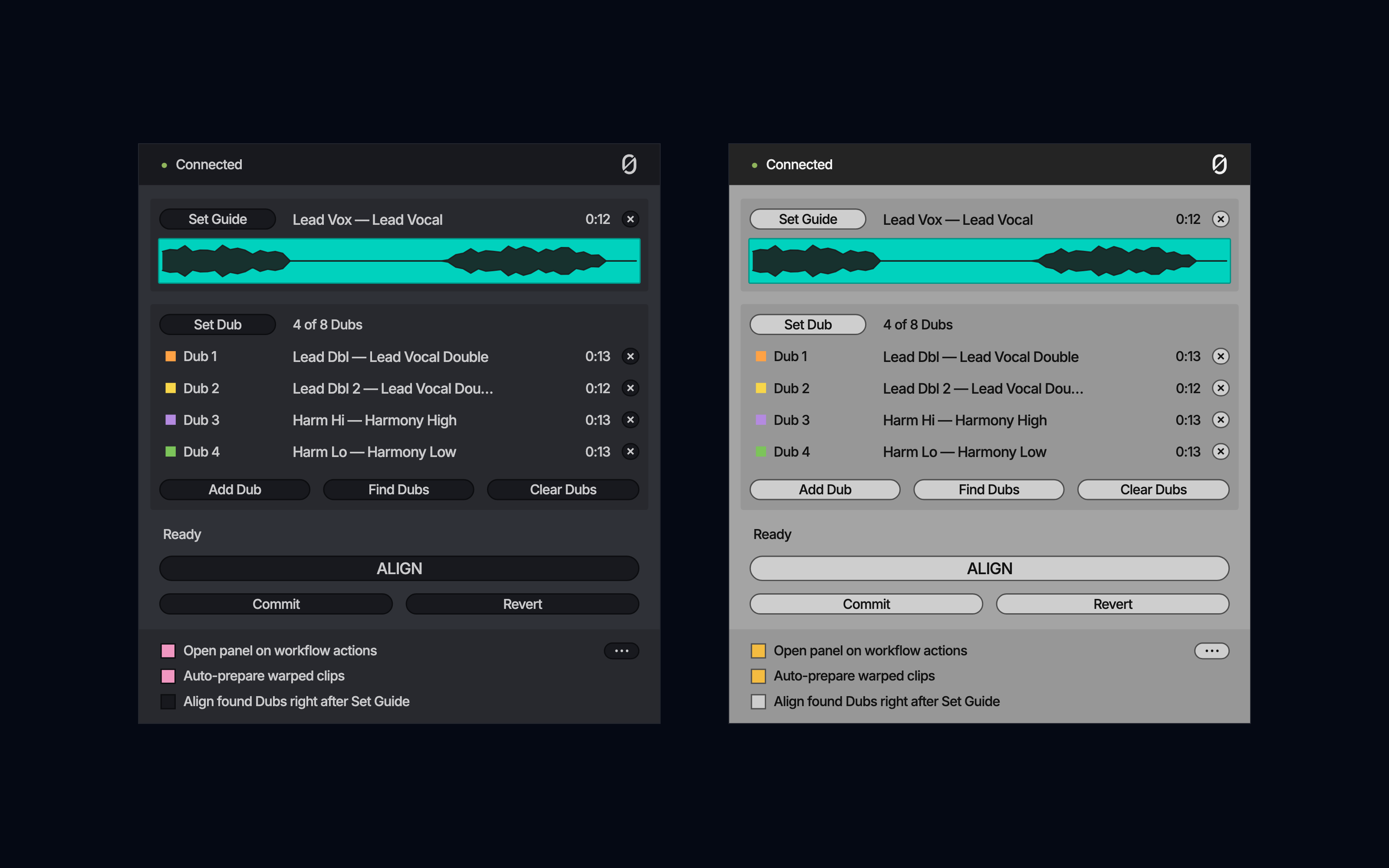 The ALIGN panel with four Dubs, in Live's Dark theme on the left and its Light theme on the right.